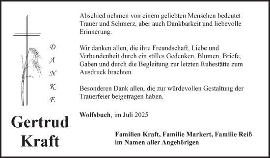 Traueranzeige von Gertrud Kraft von Fränkische Nachrichten