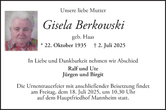 Traueranzeige von Gisela Berkowski von Mannheimer Morgen