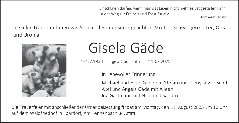  Traueranzeige für Gisela Gäde vom 26.07.2025 aus Bergsträßer Anzeiger