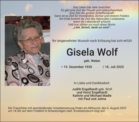 Traueranzeige von Gisela Wolf von Schwetzinger Zeitung