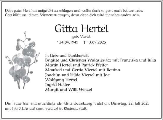 Traueranzeige von Gitta Hertel von Mannheimer Morgen