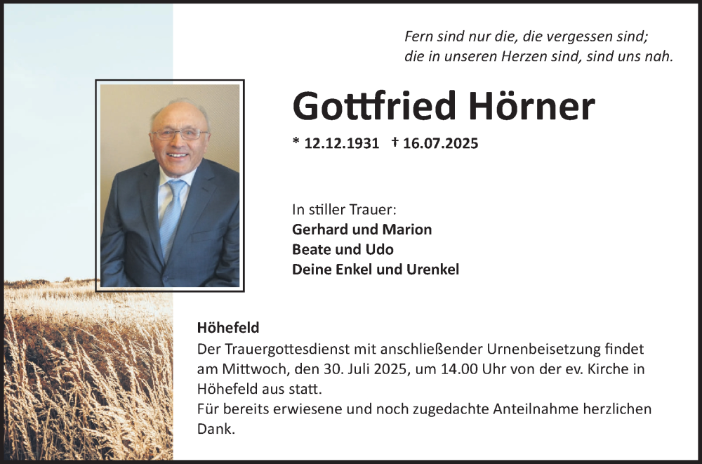  Traueranzeige für Gottfried Hörner vom 26.07.2025 aus Fränkische Nachrichten