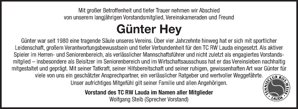  Traueranzeige für Günter Hey vom 26.07.2025 aus Fränkische Nachrichten