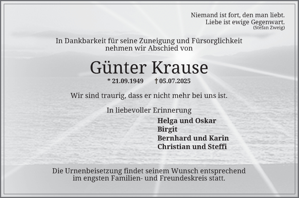  Traueranzeige für Günter Krause vom 26.07.2025 aus Schwetzinger Zeitung