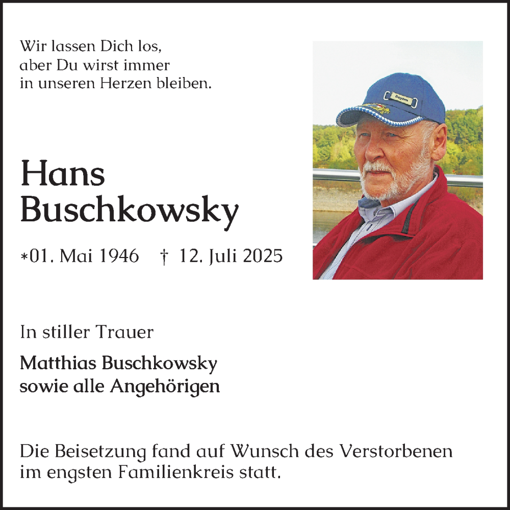  Traueranzeige für Hans Buschkowsky vom 26.07.2025 aus Schwetzinger Zeitung