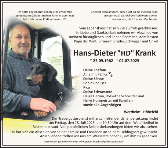 Traueranzeige von Hans-Dieter Krank von Fränkische Nachrichten