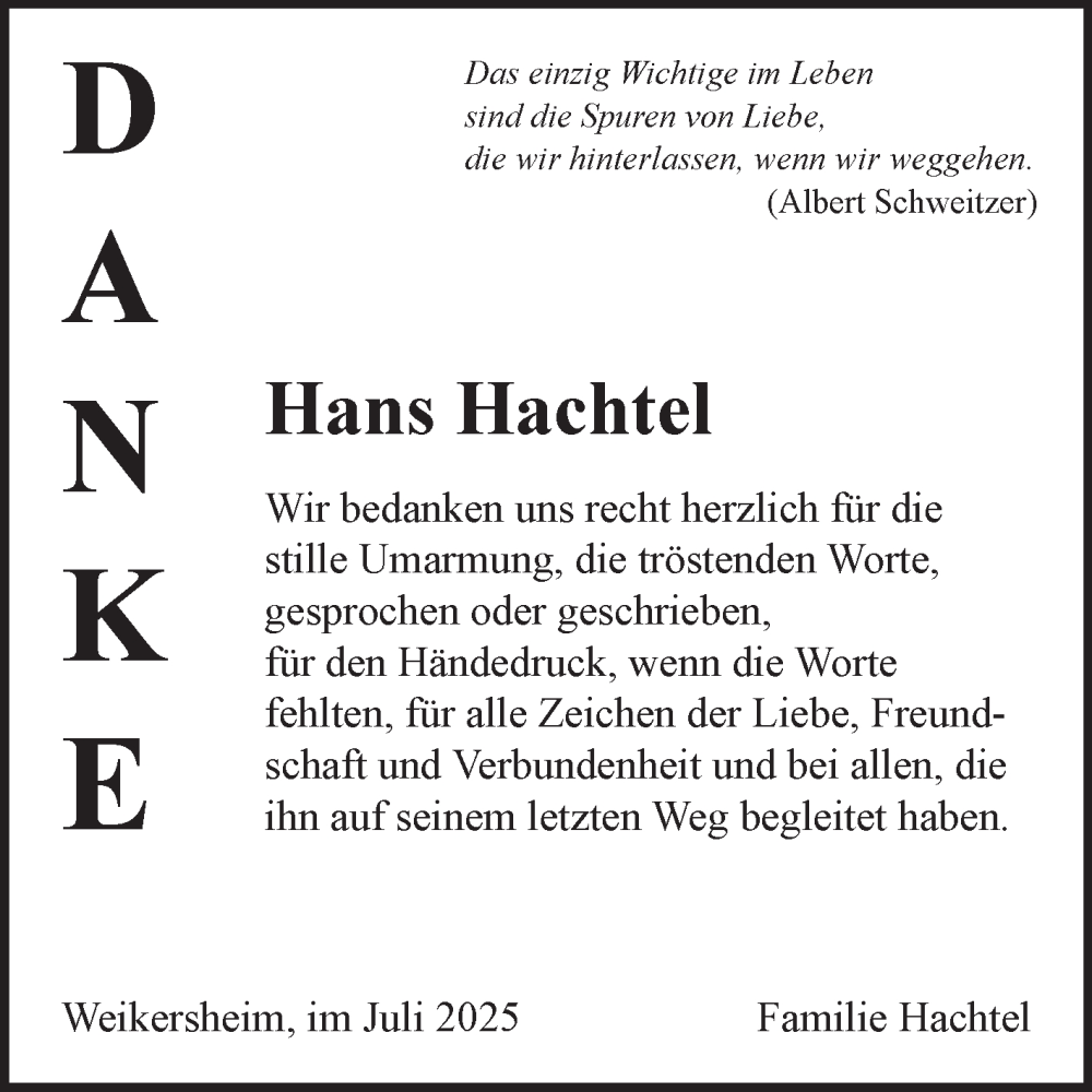  Traueranzeige für Hans Hachtel vom 14.07.2025 aus Fränkische Nachrichten