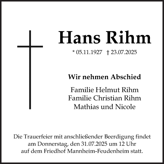 Traueranzeige von Hans Rihm von Mannheimer Morgen