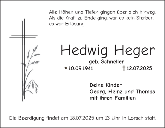Traueranzeige von Hedwig Heger von Bergsträßer Anzeiger