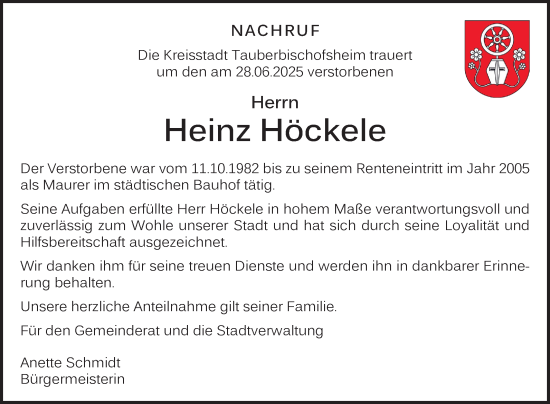 Traueranzeige von Heinz Höckele von Fränkische Nachrichten