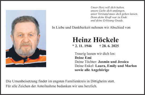 Traueranzeige von Heinz Höckele von Fränkische Nachrichten