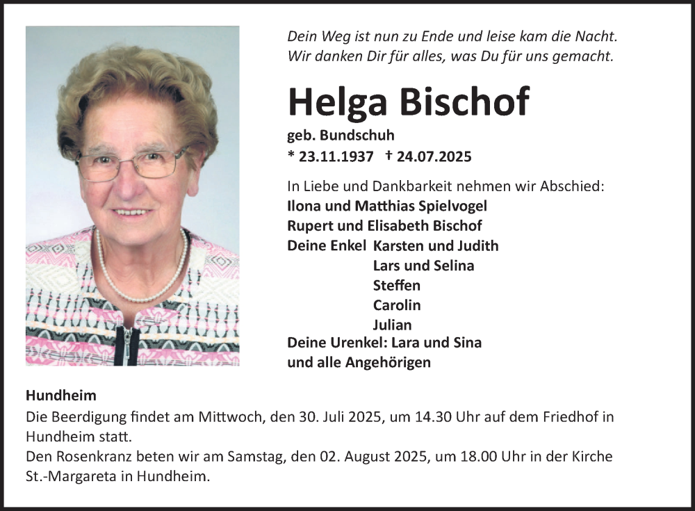  Traueranzeige für Helga Bischof vom 29.07.2025 aus Fränkische Nachrichten