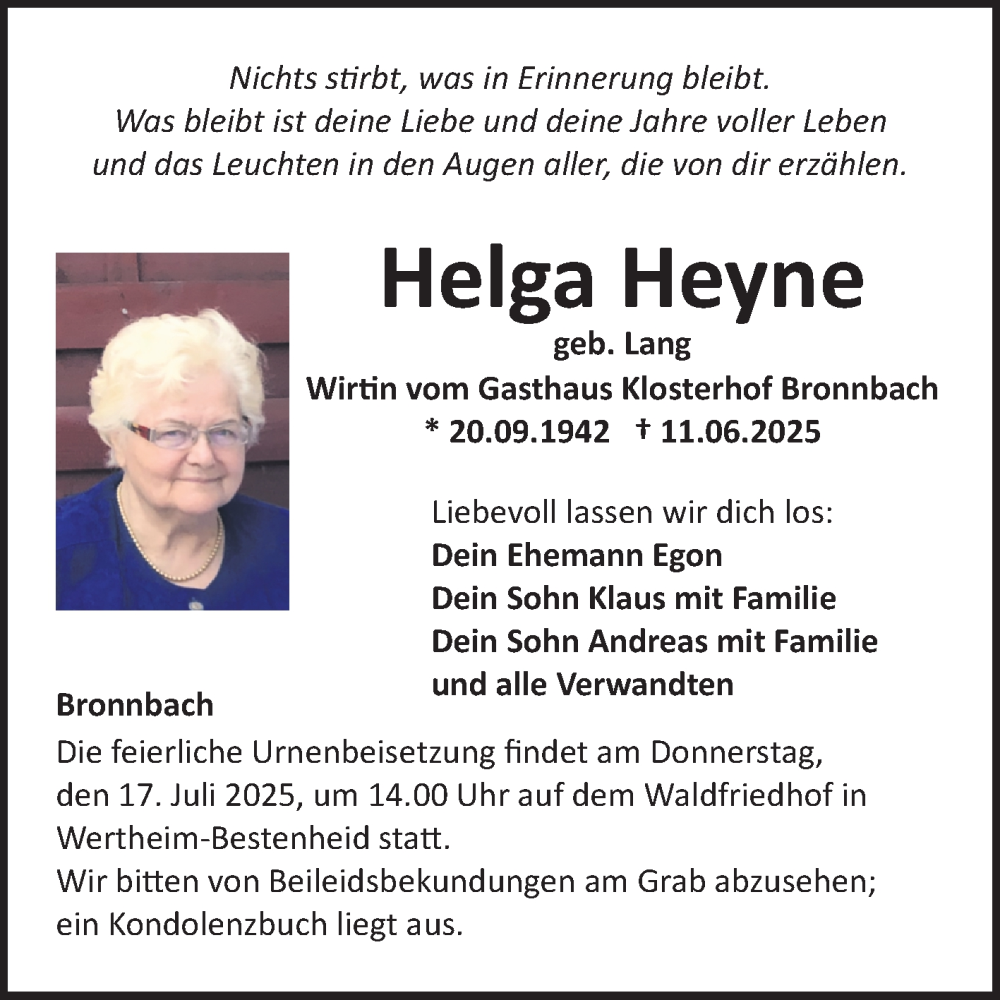  Traueranzeige für Helga Heyne vom 12.07.2025 aus Fränkische Nachrichten