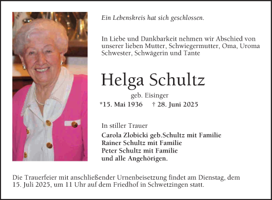 Traueranzeige von Helga Schultz von Schwetzinger Zeitung