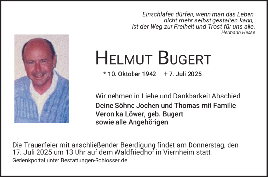 Traueranzeige von Helmut Bugert von Mannheimer Morgen