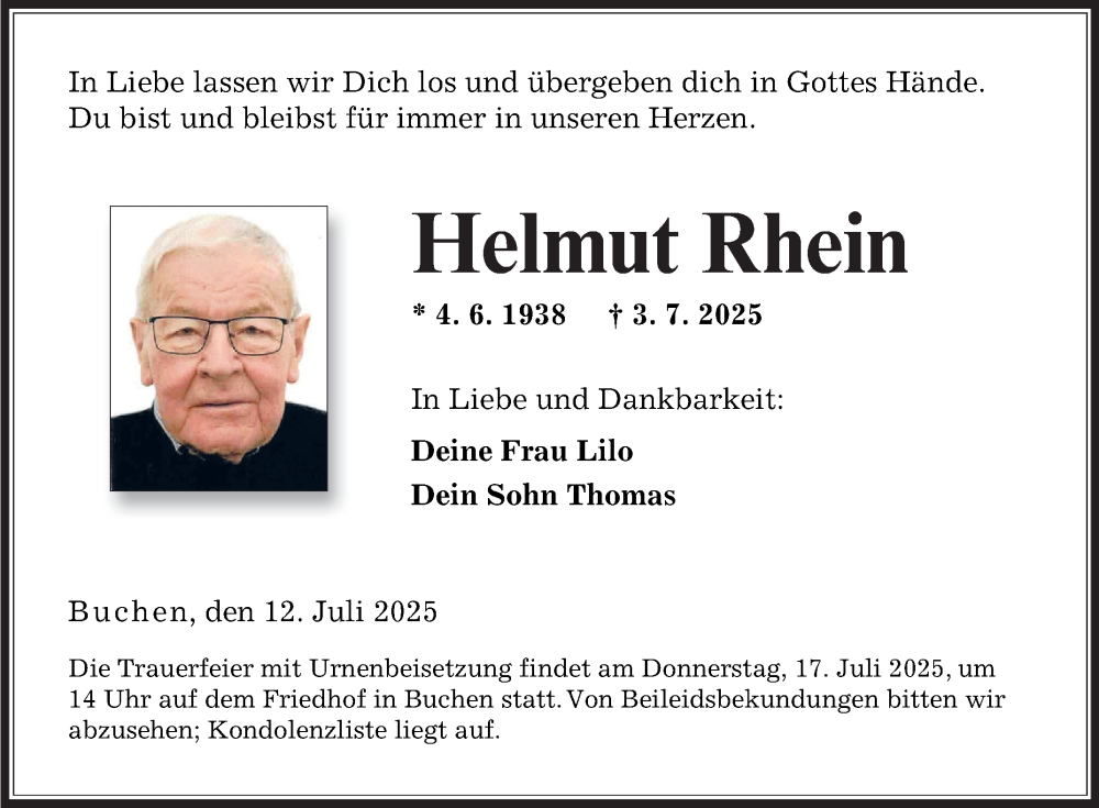  Traueranzeige für Helmut Rhein vom 12.07.2025 aus Fränkische Nachrichten