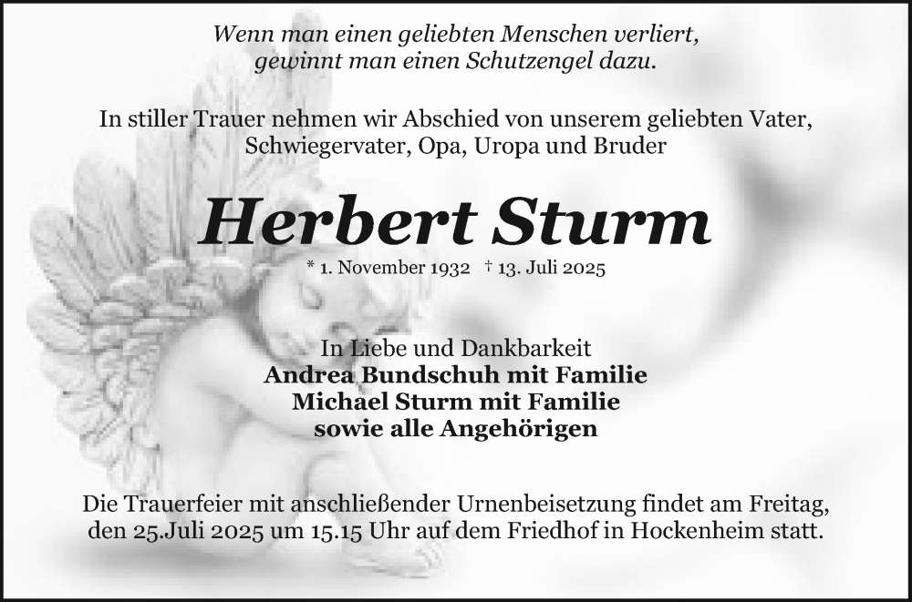  Traueranzeige für Herbert Sturm vom 19.07.2025 aus Schwetzinger Zeitung