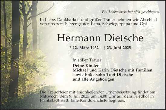 Traueranzeige von Hermann Dietsche von Schwetzinger Zeitung