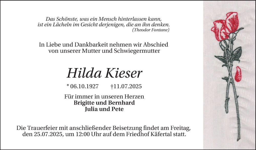  Traueranzeige für Hilda Kieser vom 19.07.2025 aus Mannheimer Morgen