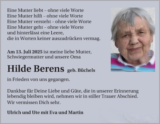 Traueranzeige von Hilde Berens von Mannheimer Morgen