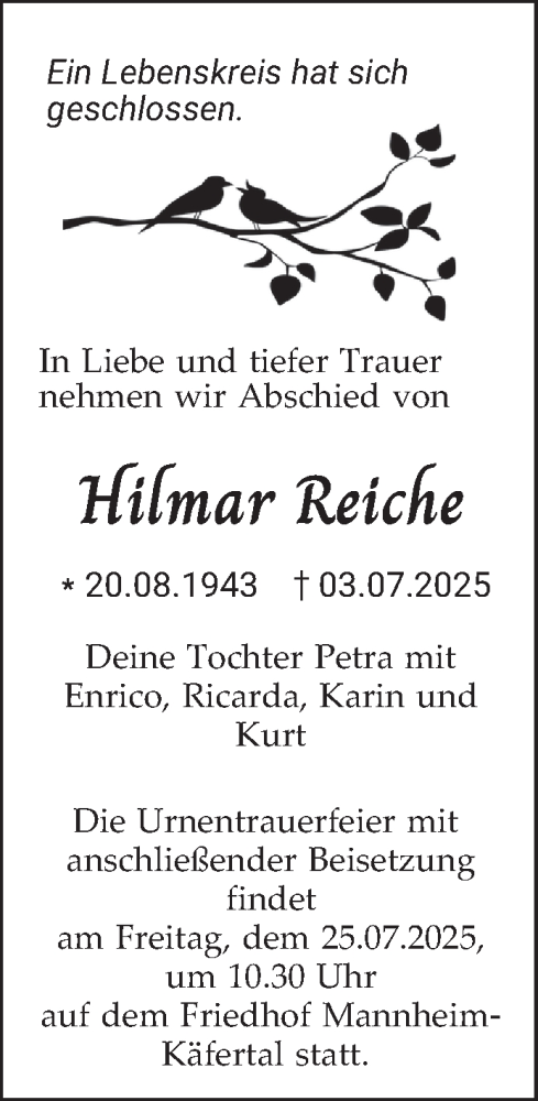  Traueranzeige für Hilmar Reiche vom 19.07.2025 aus Mannheimer Morgen