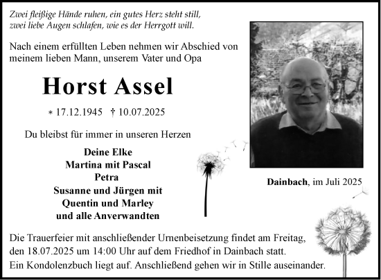 Traueranzeige von Horst Assel von Fränkische Nachrichten