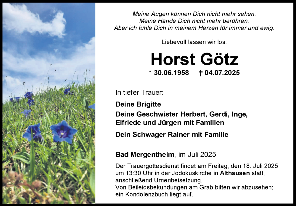  Traueranzeige für Horst Götz vom 15.07.2025 aus Fränkische Nachrichten