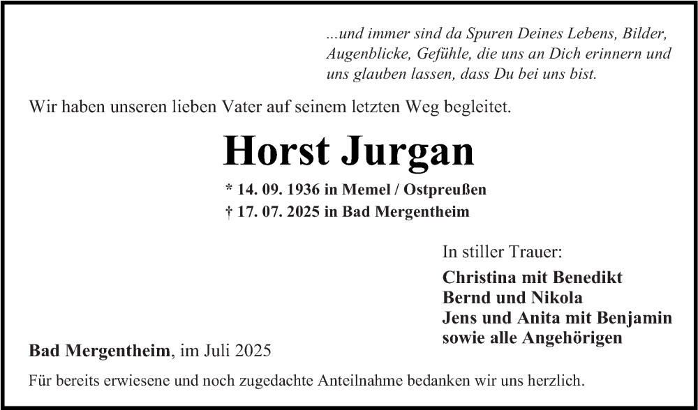  Traueranzeige für Horst Jurgan vom 26.07.2025 aus Fränkische Nachrichten