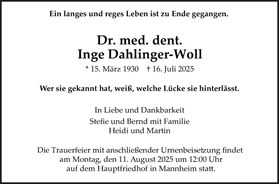 Traueranzeige von Inge Dahlinger-Woll von Mannheimer Morgen