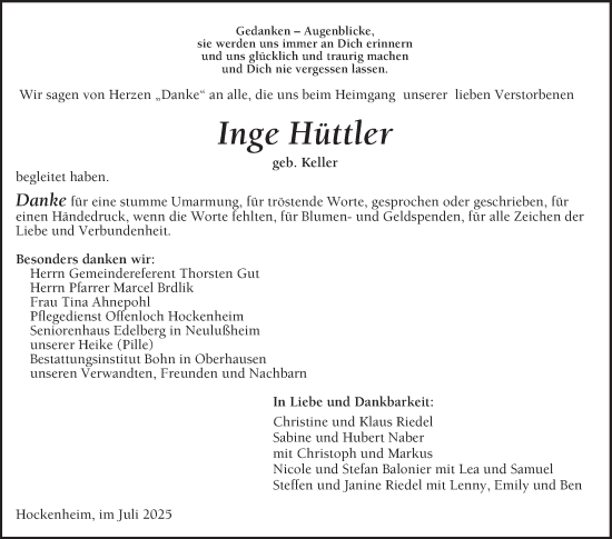 Traueranzeige von Inge Hüttler von Schwetzinger Zeitung