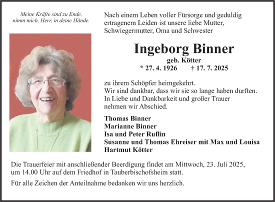 Traueranzeige von Ingeborg Binner von Fränkische Nachrichten