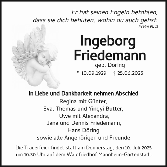 Traueranzeige von Ingeborg Friedemann von Mannheimer Morgen