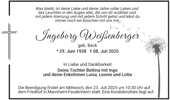 Traueranzeige von Ingeborg Weißenberger von Mannheimer Morgen
