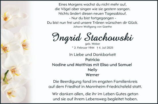 Traueranzeige von Ingrid Stachowski von Mannheimer Morgen