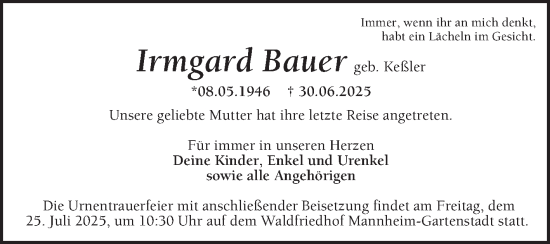 Traueranzeige von Irmgard Bauer von Mannheimer Morgen