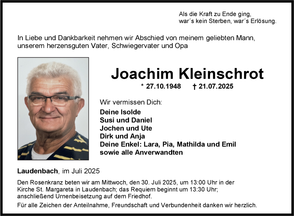  Traueranzeige für Joachim Kleinschrot vom 26.07.2025 aus Fränkische Nachrichten