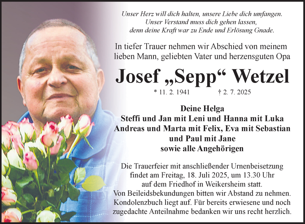 Traueranzeige für Josef Wetzel vom 14.07.2025 aus Fränkische Nachrichten