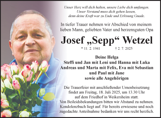 Traueranzeige von Josef Wetzel von Fränkische Nachrichten