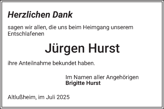 Traueranzeige von Jürgen Hurst von Schwetzinger Zeitung