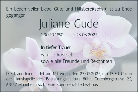 Traueranzeige von Juliane Gude von Mannheimer Morgen