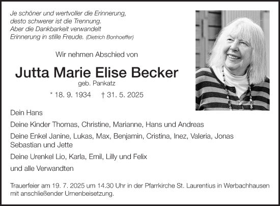 Traueranzeige von Jutta Marie Elise Becker von Fränkische Nachrichten