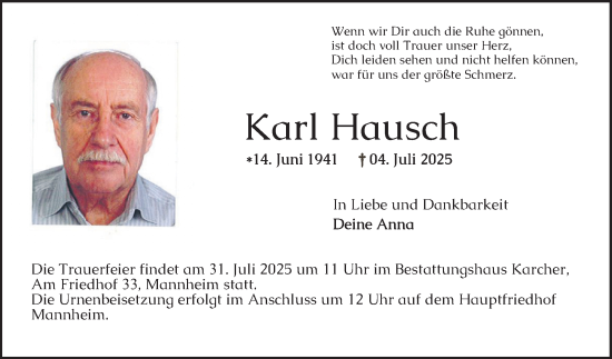 Traueranzeige von Karl Hausch von Mannheimer Morgen