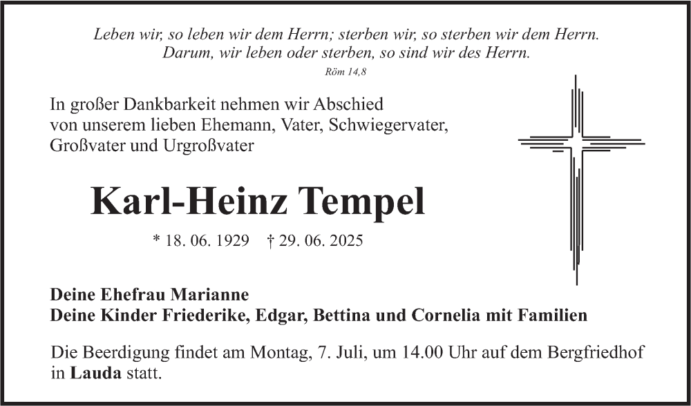  Traueranzeige für Karl-Heinz Tempel vom 03.07.2025 aus Fränkische Nachrichten
