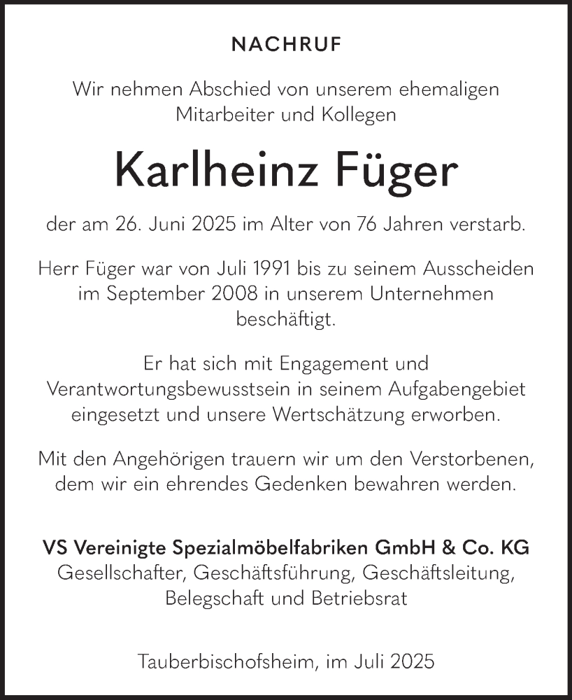  Traueranzeige für Karlheinz Füger vom 19.07.2025 aus Fränkische Nachrichten