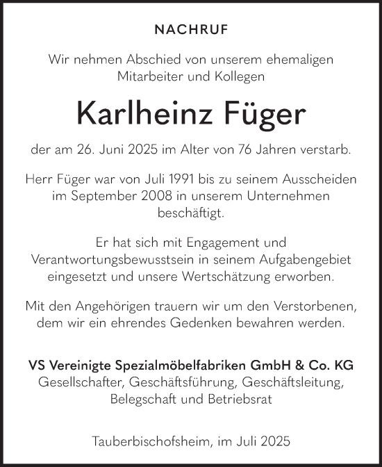 Traueranzeige von Karlheinz Füger von Fränkische Nachrichten