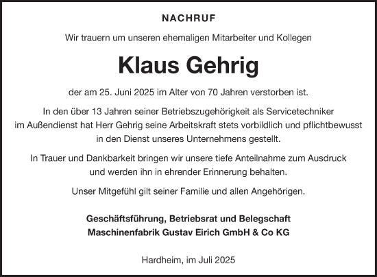Traueranzeige von Klaus Gehrig von Fränkische Nachrichten