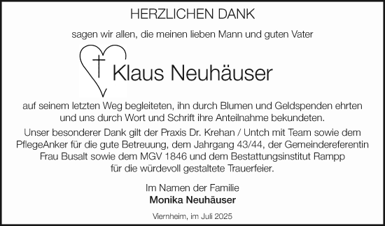 Traueranzeige von Klaus Neuhäuser von Mannheimer Morgen