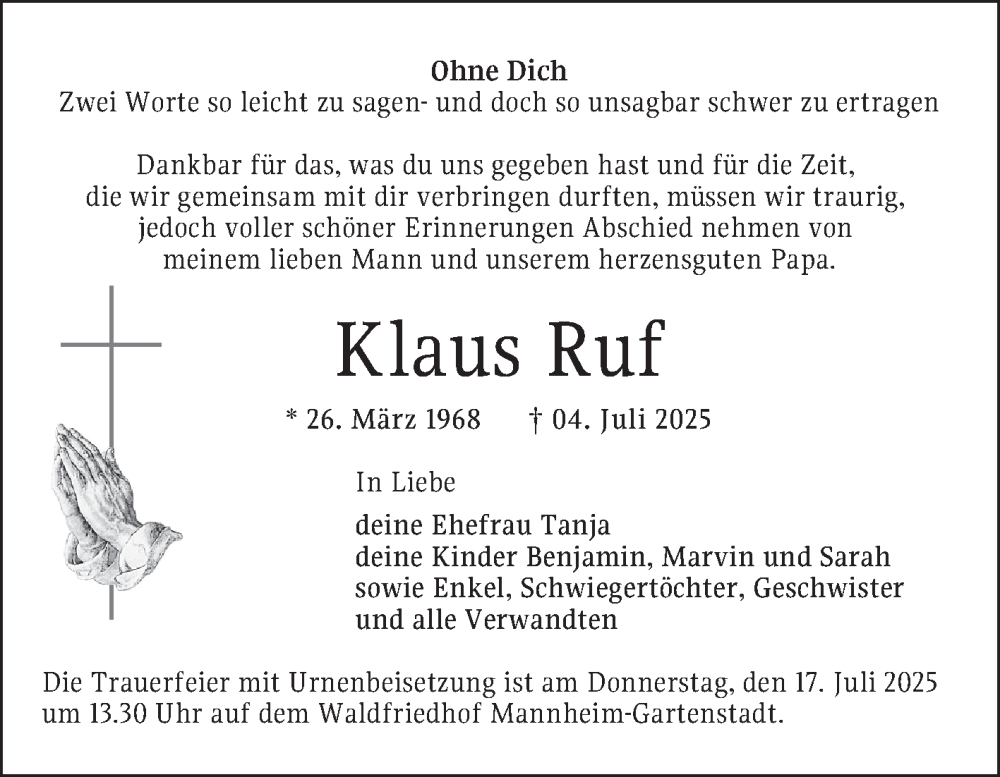  Traueranzeige für Klaus Ruf vom 12.07.2025 aus Mannheimer Morgen