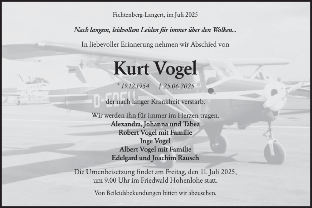  Traueranzeige für Kurt Vogel vom 08.07.2025 aus Fränkische Nachrichten