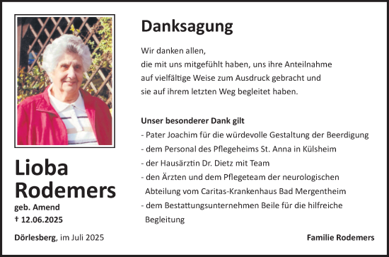 Traueranzeige von Lioba Rodemers von Fränkische Nachrichten